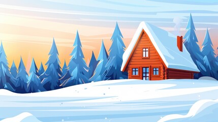 Wall Mural - A cozy wooden cabin nestled in a snowy forest, bathed in golden sunset light, perfect for a warm Christmas vibe.