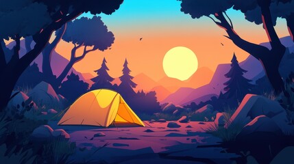 Poster - Experience a serene campsite at sunset, featuring a vibrant yellow tent nestled in a beautiful forest landscape.