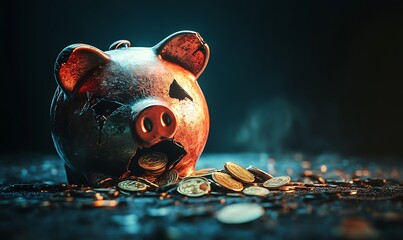 Poster - 3D Illustration of Broken Piggy Bank with Coins Spilling Out Symbolizing Financial Collapse