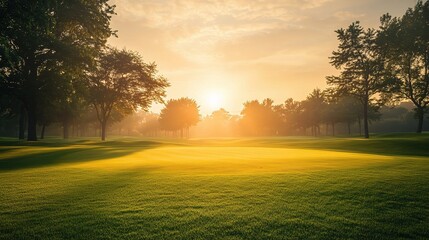 Wall Mural - Golf course at sunrise, with golden light illuminating the grass and creating a peaceful atmosphere