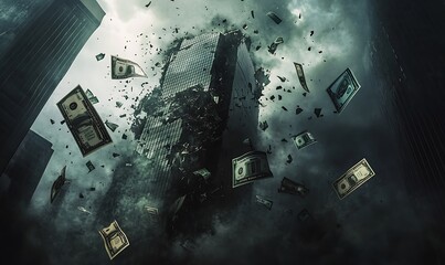 Poster - 3D Rendering of Collapsing Financial Building with Falling Currency Symbols Representing Crisis