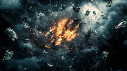 Aufkleber - Digital Illustration of Currency Symbols Torn Apart by Dark Swirling Winds Representing Economic Turmoil