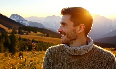 Wall Mural - Group portrait video of a pleased man in his 30s wearing a cozy sweater against an alpine meadow or mountain wildflowers background