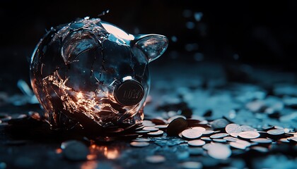 Poster - Close-Up of Shattered Glass Piggy Bank with Scattered Coins Symbolizing Financial Breakdown