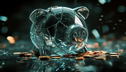 Poster - Close-Up of Shattered Glass Piggy Bank with Scattered Coins Symbolizing Financial Breakdown