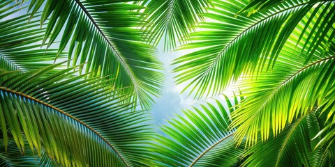 Wall Mural - Close-up of tropical palm tree leaves texture, palm tree, leaves, tropical, background, natural, green, exotic, pattern