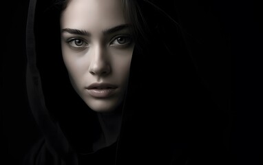 Wall Mural - Moody portrait of a woman in a dark setting, capturing intensity and depth