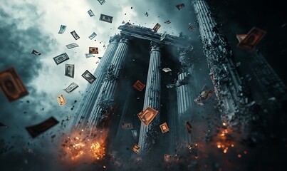 Poster - Digital Illustration of Torn and Burned Currency Notes on Dark Surface Representing Financial Crisis