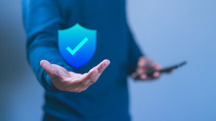 Fototapete - Male hand show identity proofing icon for security protection, emphasizing the quality assurance of business service and certified guarantee approval for secure access, displaying on a virtual screen.