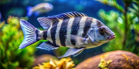 Frontosa fish swimming in a beautifully decorated aquarium , Frontosa, aquarium, fish, underwater, pet, freshwater, tank