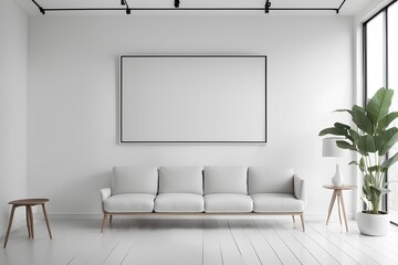 Wall Mural - modern living room with sofa, Frame over simple white-toned furniture in front of the white wall, mock-up frame