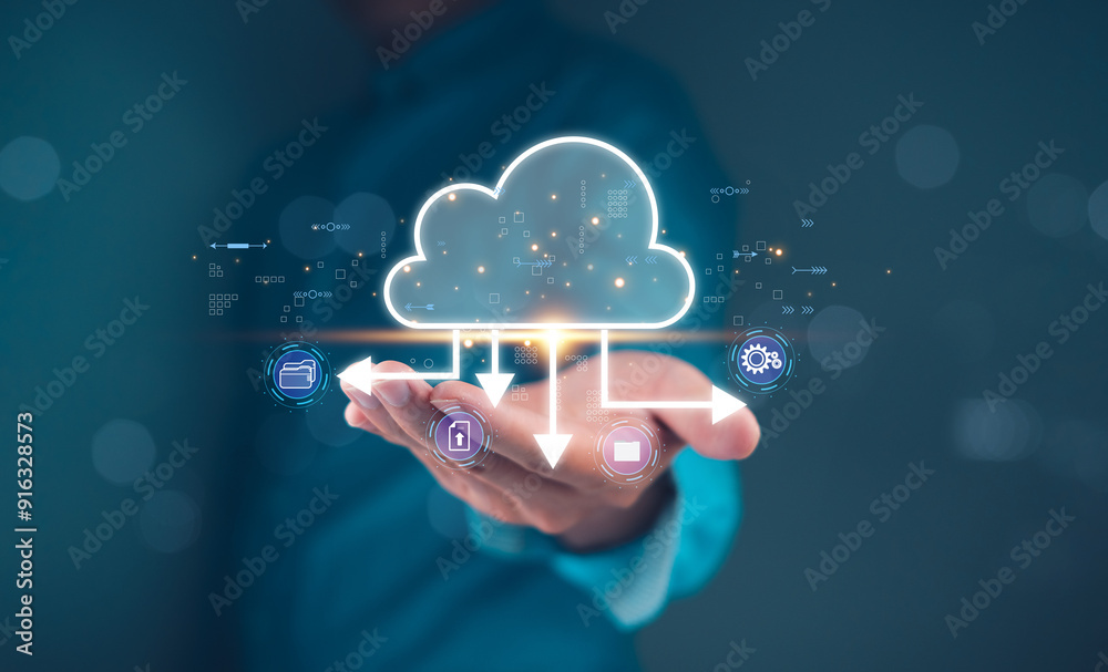 Hand holding virtual cloud computing interface with data icons. Concept ...