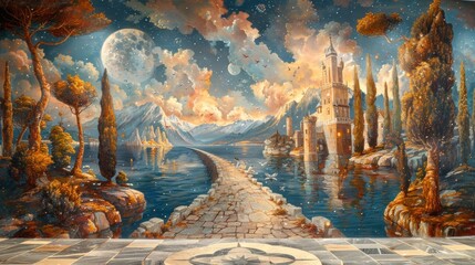 Wall Mural - Magical Lake with a Castle and a Full Moon in the Sky