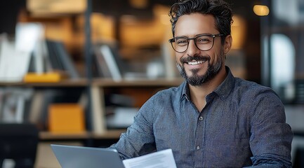  Smiling businessman working with documents and laptop in modern office 