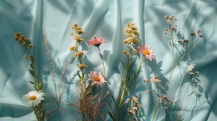 Canvas Print - Meadow flowers on sage blue textile with light shadows, aesthetic backdrop for social media or wedding design, copy space.