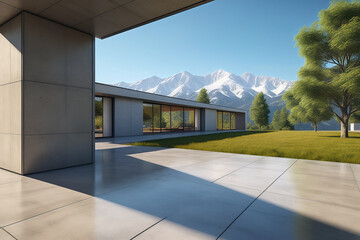 Poster - The concrete villa has a distant mountain and sky background with the ground