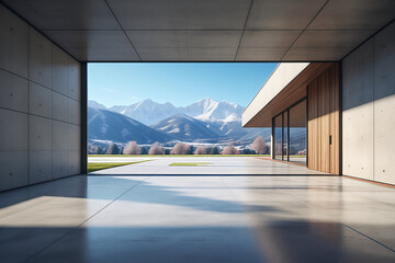 Poster - The concrete villa has a distant mountain and sky background with the ground