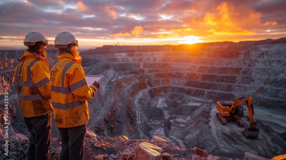 Two workers in uniforms and safety helmets stand in an open pit mine ...