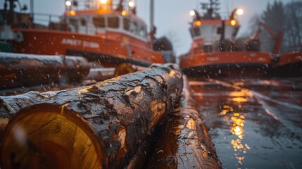 Sticker - Logs in the Rain with Blurred Boats in the Background