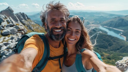 Happy couple taking a selfie photo against a breathtaking natural landscape. Happy hiking couple at the top of the mountain.