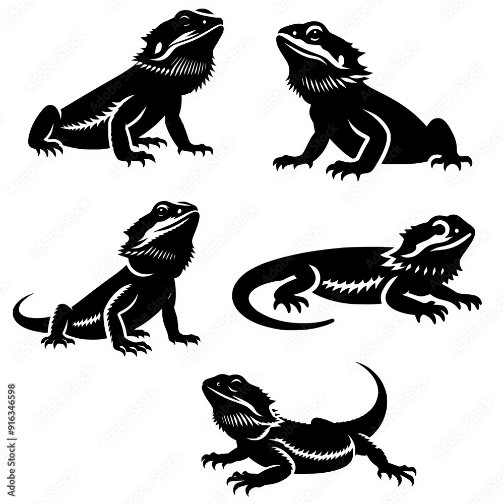 Bearded dragon black silhouette vector illustration collection set ...