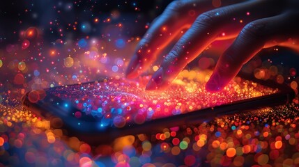 Canvas Print - A hand touching a glowing screen in a colorful bokeh background