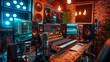 © LuvTK - Professional podcast studio setup, wide shot featuring multiple microphones, mixers, and sound panels, stylish and modern design, soft ambient lighting,