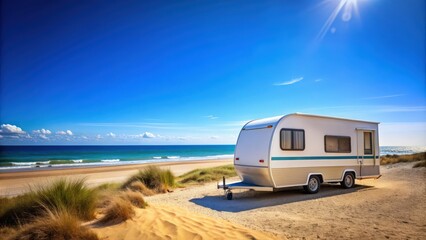 Wall Mural - Caravan trailer parked near the sea with a beautiful beach and clear blue sky in the background, caravan, trailer, sea