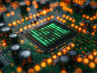 Wall Mural - Closeup of a Circuit Board with a Glowing Microchip