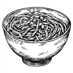 Wall Mural - Black and white Vintage engraved art of a bowl of soba noodles with edamame and sesame seeds, isolated on white background, ink sketch illustration, simple vector art design, highly detailed line 