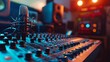 © LuvTK - Professional podcasting equipment close-up, featuring a microphone, headphones, and an audio mixer, set in a sleek studio environment, warm ambient lighting, detailed textures,