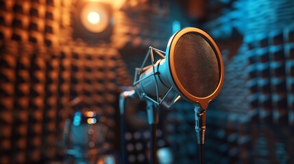 Wall Mural - Professional podcasting accessories close-up, including a pop filter, shock mount, and soundproofing panels, warm ambient lighting, detailed textures and materials,