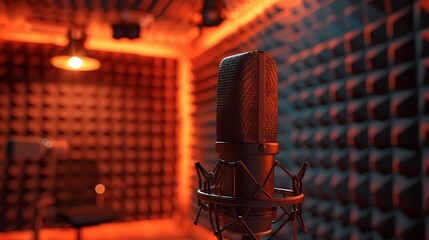 Wall Mural - Professional soundproof booth with a podcaster recording, high-quality microphone and pop filter, acoustic panels lining the walls, soft and warm lighting,