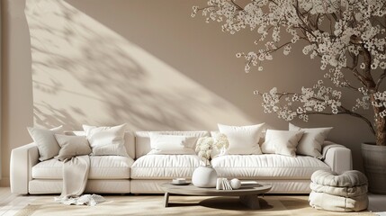 Wall Mural - Minimalist Living Room with White Sofa and Blooming Tree Branch