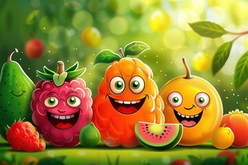 Vibrant Fruit Fiesta. Colorful fruit characters in a high detailed cartoon style