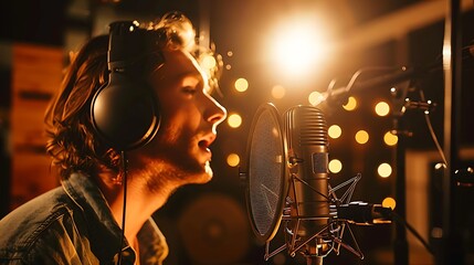 Wall Mural - A podcaster speaking into a high-quality microphone in a professional studio, focused and engaged, with soundproof panels in the background, illuminated by warm studio lights, DSLR photo,