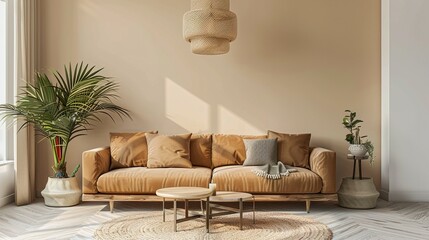 Wall Mural - Modern living room interior with a brown couch, wicker lamp, and potted plants.