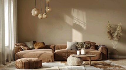 Wall Mural - Modern living room with brown sectional sofa and beige rug