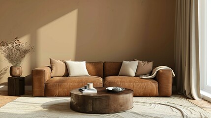 Wall Mural - Modern Living Room with Brown Leather Sofa, Coffee Table, and White Rug