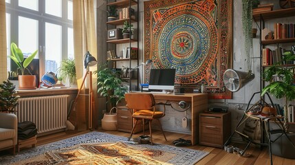 Wall Mural - Bohemian-style living room with a desk, chair, and wall tapestry