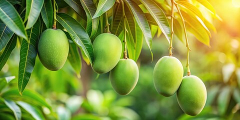 Fresh unripe green mango fruit hanging on the mango tree in a natural and organic setting , mango, fruit, green, unripe, organic