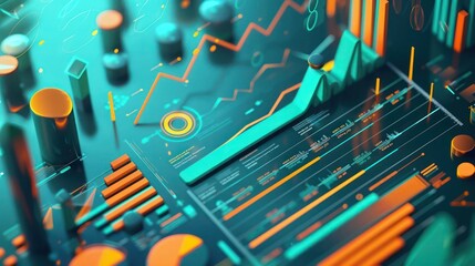Aufkleber - 3D abstract design featuring data visualizations in bold teal and orange, with infographics elements and charts elegantly incorporated into the background