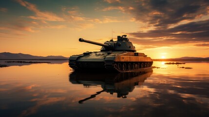 Photograph of a vintage tank submerged in a tranquil lake