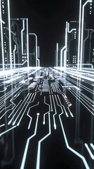 Aufkleber - 3D abstract scene featuring neon white circuitry glowing vividly over a deep, glossy black surface