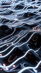 Aufkleber - A futuristic 3D abstract scene featuring neon white circuitry glowing vividly over a deep, glossy black surface