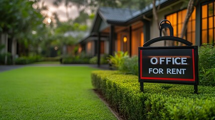 Wall Mural - “OFFICE FOR RENT” sign - office rental - commercial real estate -sign placed in front of office building- blurred background 