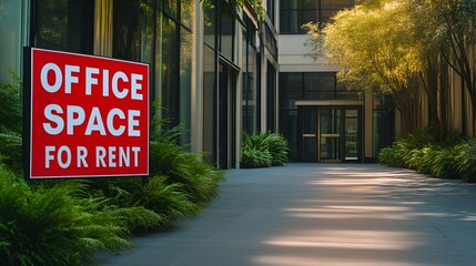 Wall Mural - “OFFICE SPACE FOR RENT” sign - office rental - commercial real estate -sign placed in front of office building- blurred background 