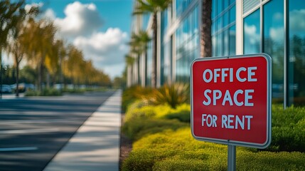 Wall Mural - “OFFICE SPACE FOR RENT” sign - office rental - commercial real estate -sign placed in front of office building- blurred background 