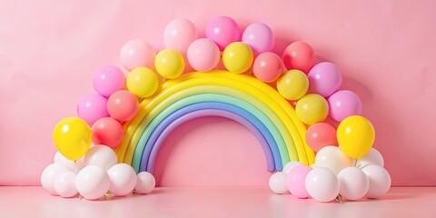 Poster - A colorful rainbow made of balloons is displayed on a pink background