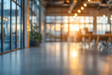 Beautiful blurred background of a light modern office interior with panoramic windows and beautiful lighting with generative ai